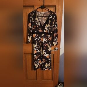 Floral V-Neck Dress - Black and Orange